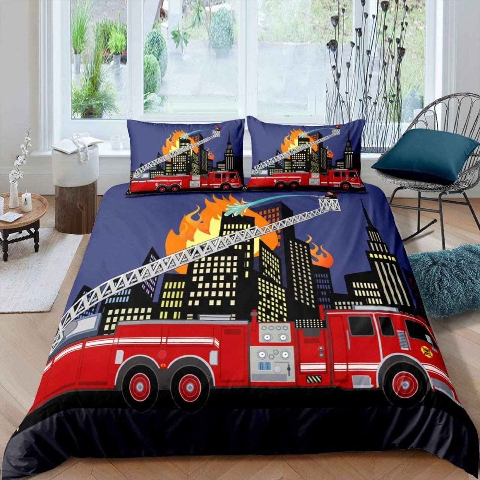 

Пожежна вантажівка Комплект підодіяльників Дитячий Пожежний Автомобіль Комплект постільної білизни для хлопчиків Пожежна машина Зразок King Size Підодіяльник 150x200cm 3pcs