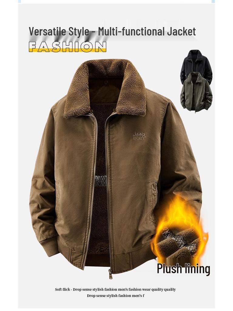 2025 Men's Fleece-Lined Warm Jacket with Detachable Fur Collar - Wear-Resistant Cotton Coat for Autumn/Winter
