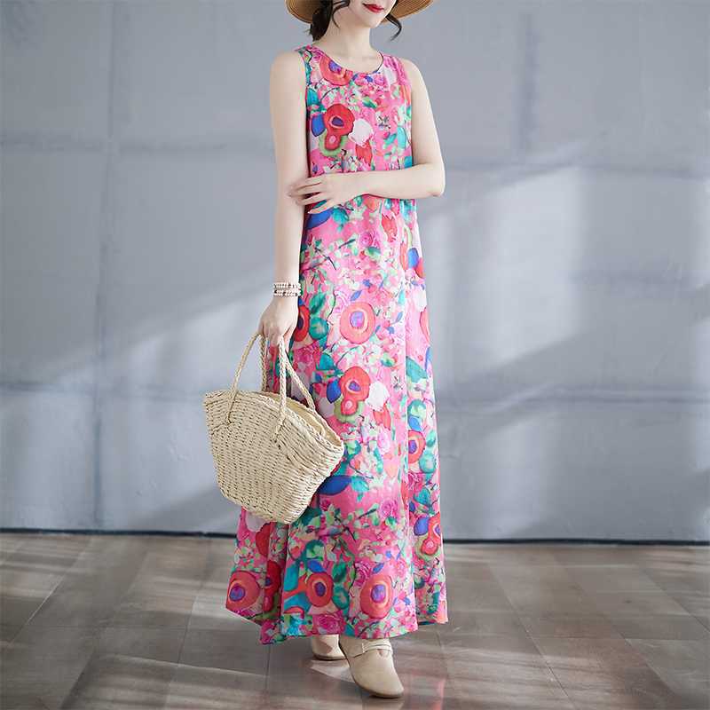 

Новое длинное платье в стиле бохо - летнее новое облегающее и расширенное платье без рукавов с круглым вырезом и принтом M