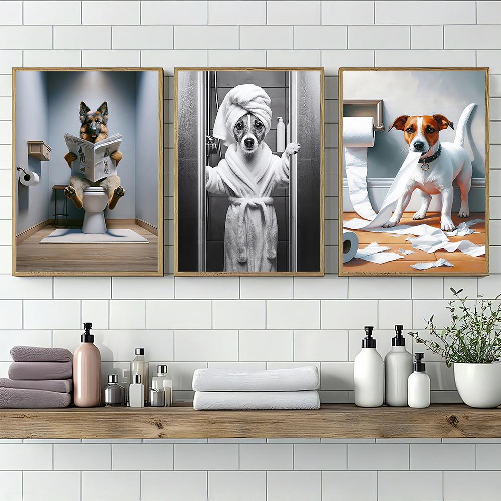 1PC Unframed Funny Pet Dog in Toilet Reading Newspaper Play Canvas Painting Animal Pictures Wall Art for Home Bathroom Decor