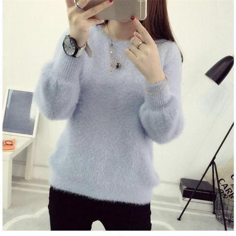 

Зимние пуловеры из искусственной норковой шерсти с начесом, однотонные, женские, эластичные, повседневные, с круглым вырезом, длинными рукавами-фонариками, женские трикотажные топы one size серый