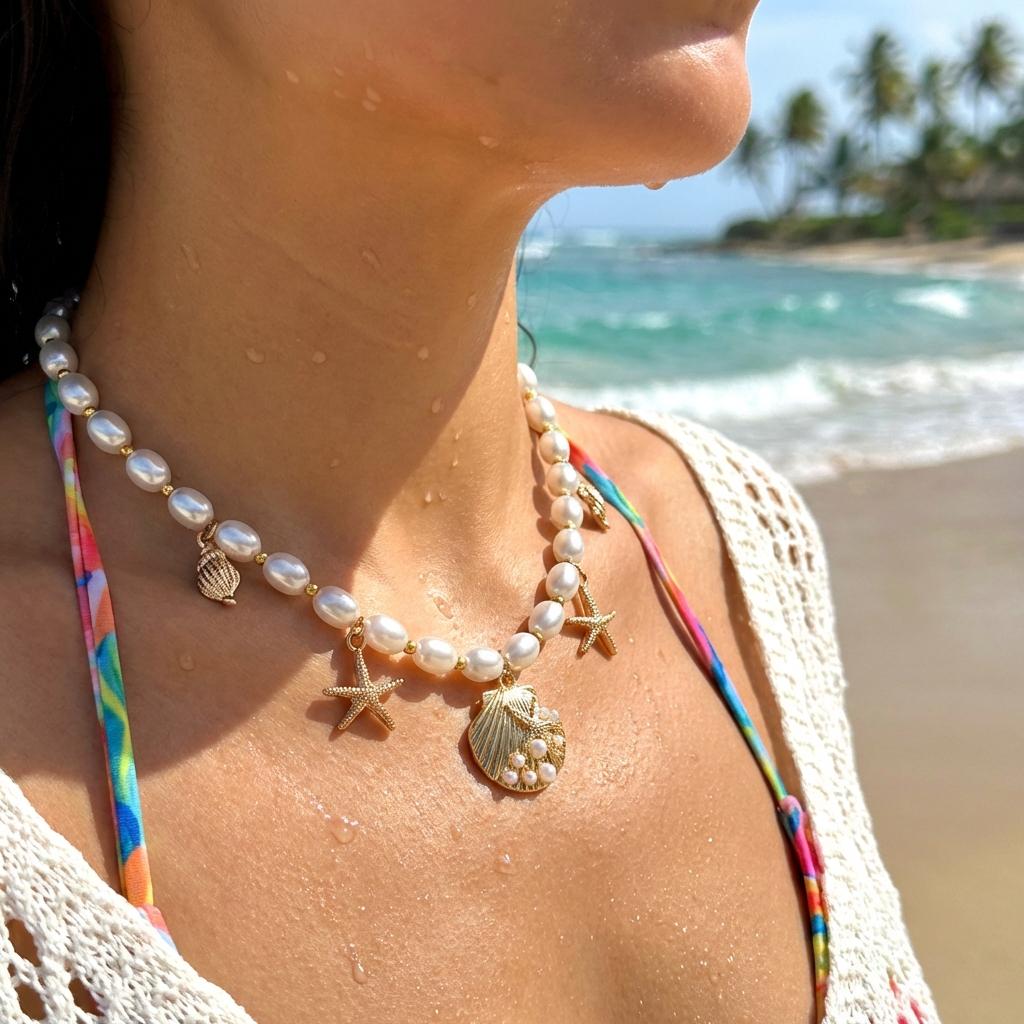 Bohemian Imitation Pearl Choker Necklace for Women Gold Color Shell Starfish Pendant Collar Summer Beach Vacation Jewelry Gift
