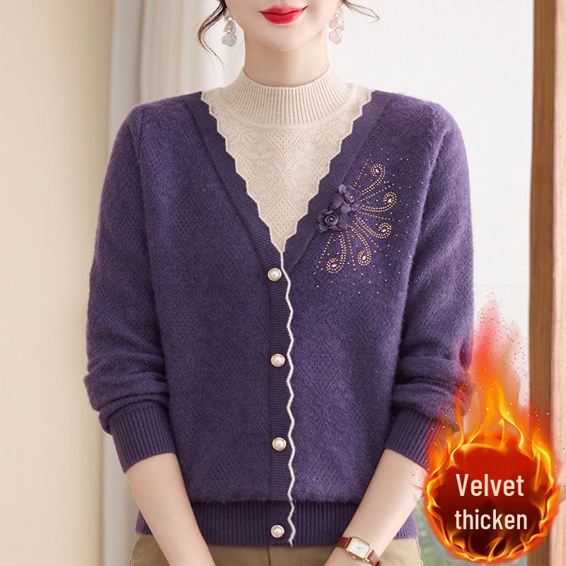 Women's Winter Knit Sweater with Fleece Lining, Faux Two-Piece, Thickened & Warm
