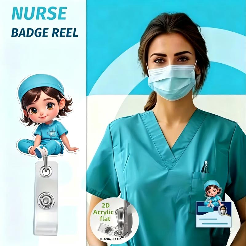1Pcs 2D Flat Acrylic Badge Holder Retractable Id Badge Holder Scratch-Resistant Cartoon Nurse Badge Reel