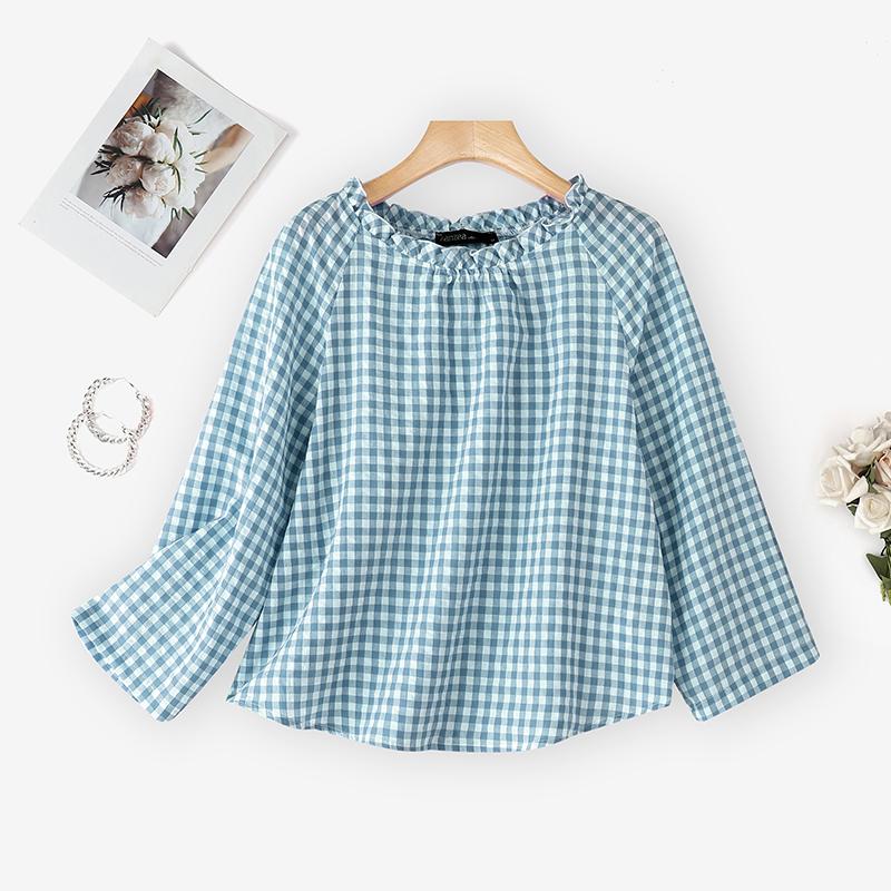 

ZANZEA Women Plaid Print Casual Round Neck Long Sleeve Blouse 5XL