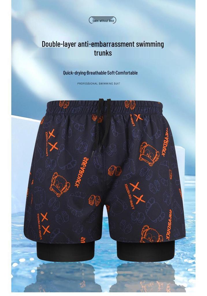 Men's Quick-Dry Double-Layer Swim Trunks - Large, Anti-Embarrassment, Boxer Style, Professional Hot Spring Set