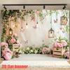 2D Floral Butterfly Backdrop Banner, Pink Peony Garden Photography Background