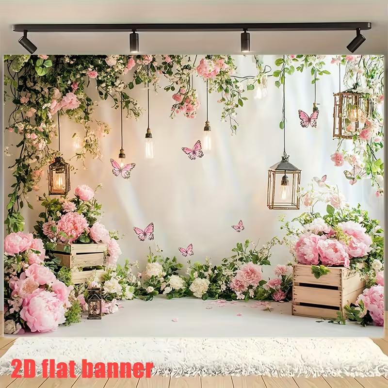 

2D Floral Butterfly Backdrop Banner, Pink Peony Garden Photography Background 47.2x31.5inch/120*80cm
