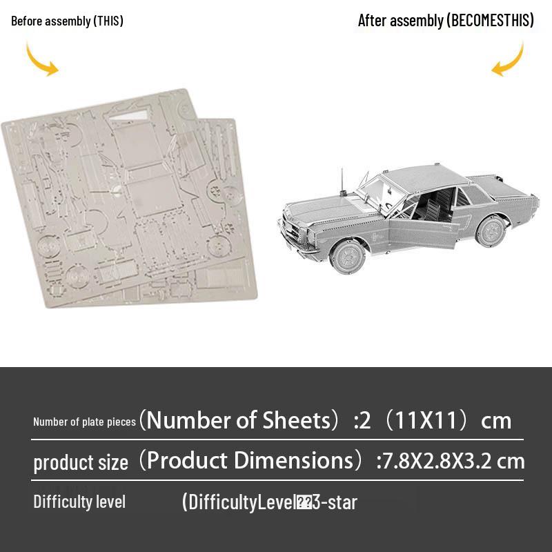 1965 Ford Mustang Sports Car All-Metal 3D DIY Model Puzzle - No Glue Required