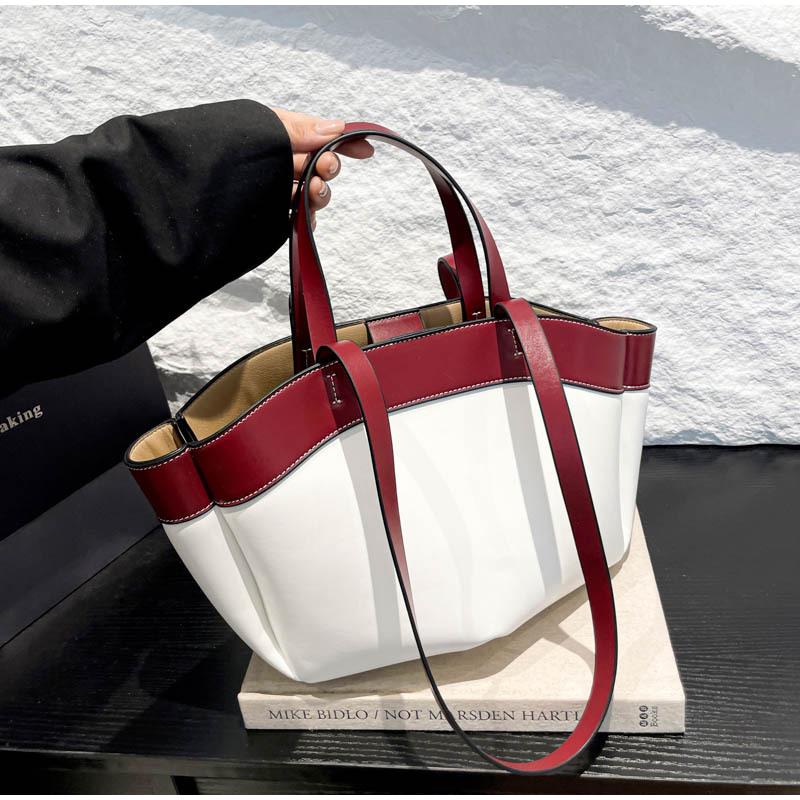 New Leather Basket Handbag Luxury Brand Designer Large Capacity Fashi Simple Ctrast Color Commuter Banquet Shoulder Tote Bag
