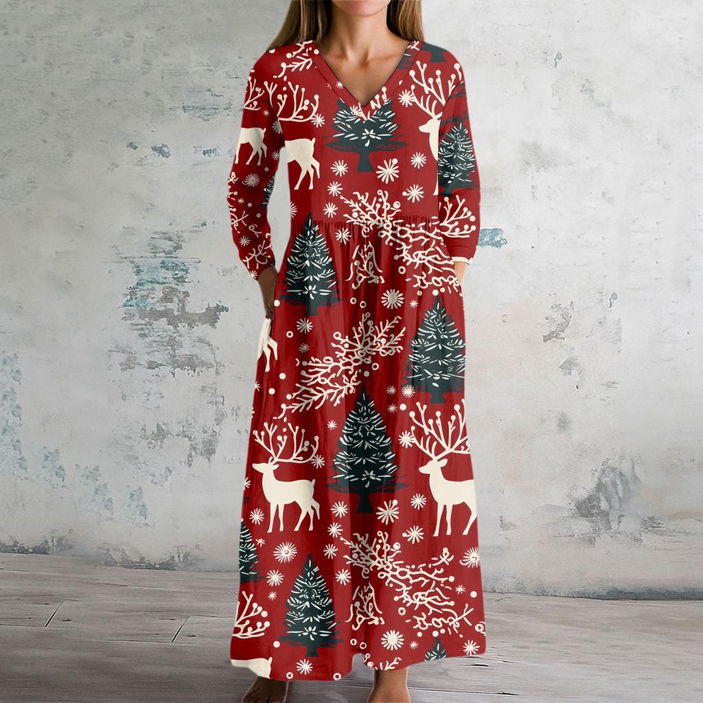 Damska Sukienka Modowa Wiosenna Sukienka z Dekoltem V i Długim Rękawem