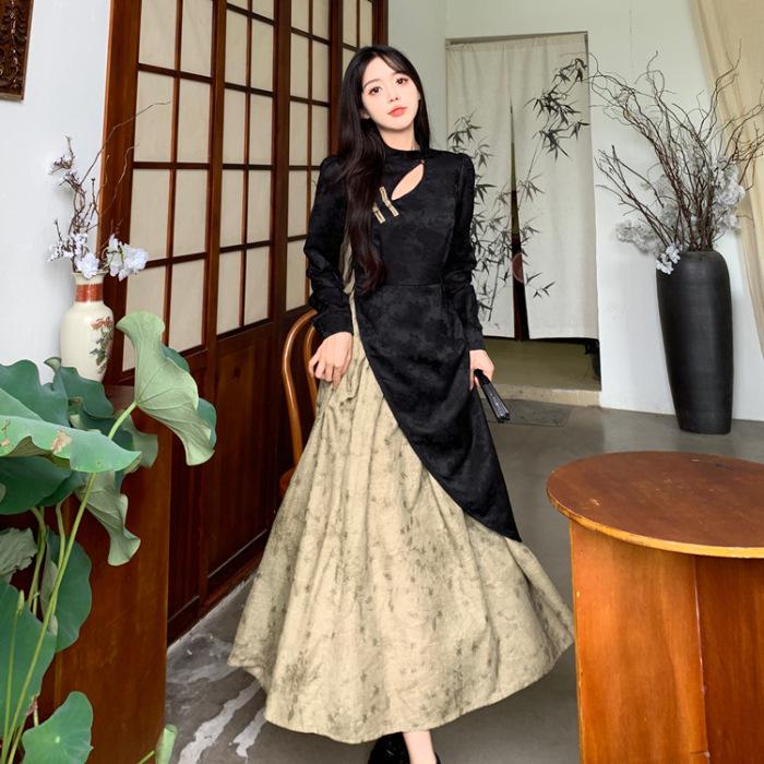 

Spring New Chinese Fake Two-piece Long Sleeve Dress New Temperament Atmospheric Design Skinny Medium and Long Dress Women 2XL