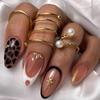 24PCS Spicy Cool Short Almond False Nails with Glue Brown Leopard Print Simple Patterns Fake Nails for Women Detachable Press On