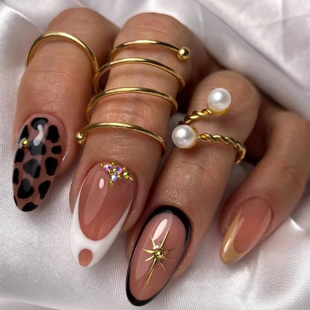 24PCS Spicy Cool Short Almond False Nails with Glue Brown Leopard Print Simple Patterns Fake Nails for Women Detachable Press On