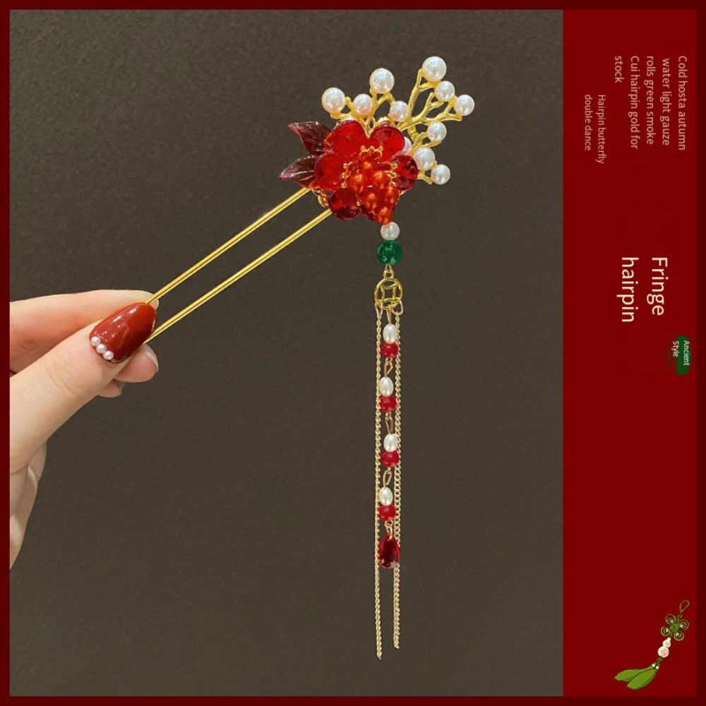 Vintage Pendant Hair Stick Red Flower Hanfu Hairpin Beauty Chinese Headwear  Women