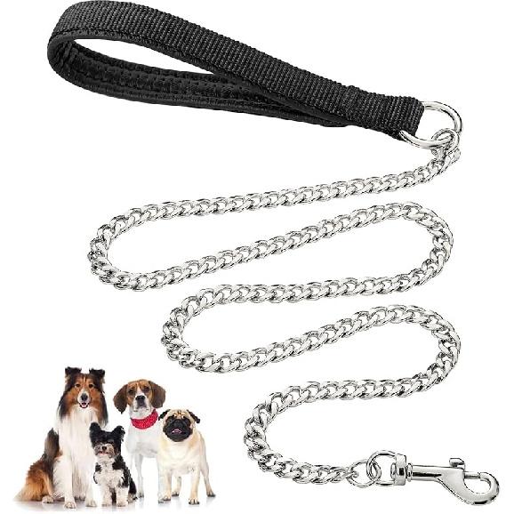 Heavy Duty Metal Dog Leash, 6 FT Chew Proof Pet Leash Chain with Soft Padded Handle for Large & Medium Size Dogs (6 FTx3 mm (30-120 lbs))