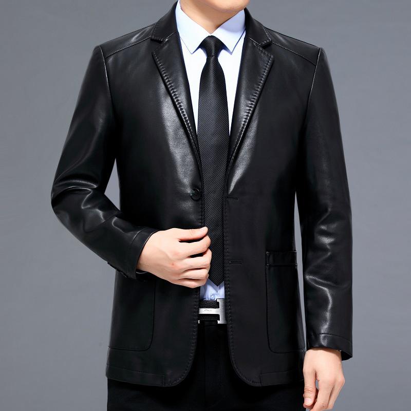 2025 New Men's Slim-Fit Casual Leather Jacket with Suit Collar - Middle-Aged Korean-Style Dad's Coat