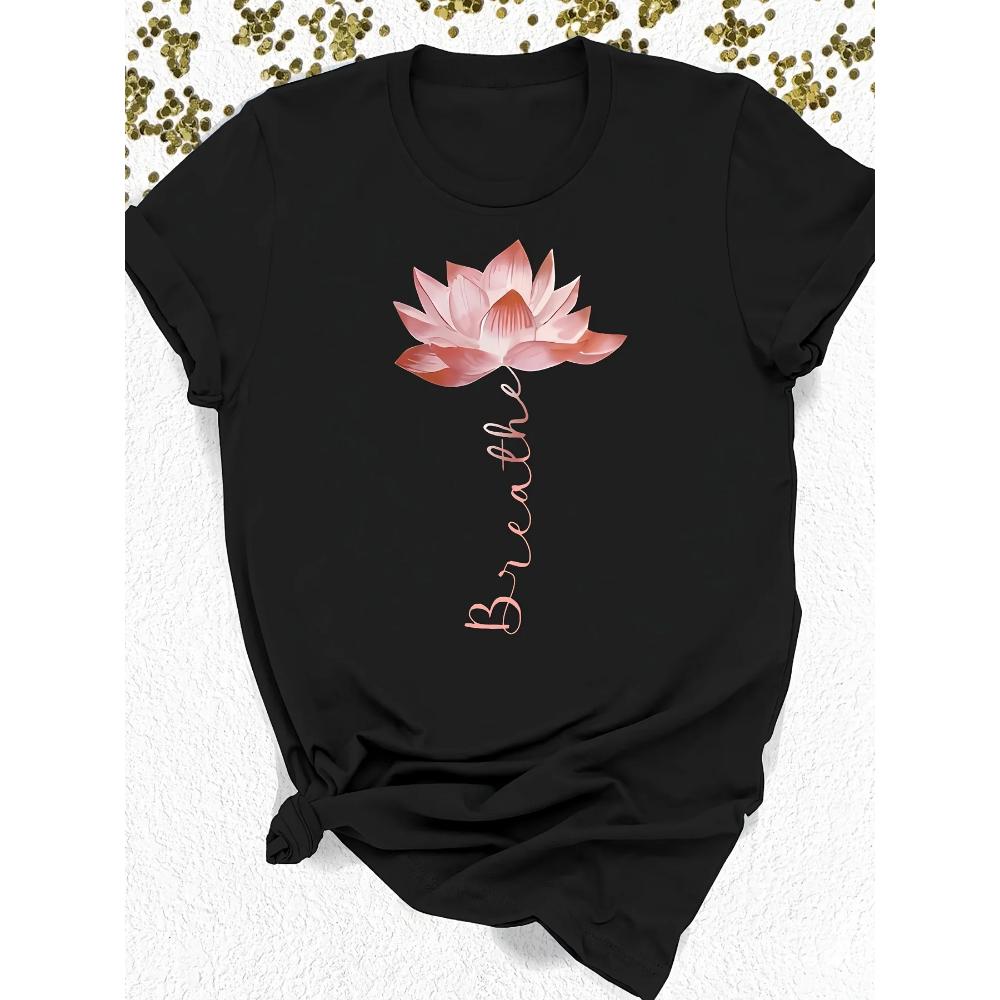 

Lotus Graphic Print T-shirt Short Sleeve Crew Neck Casual Top for Summer & Spring Women s Clothing Graphic T Shirts Harajuku Y2K S