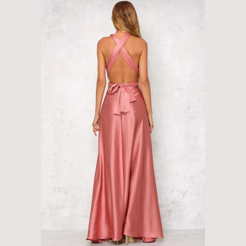 Women Summer Strap V Neck Backless Bandage Satin Solid Color Big Hem One Piece Dress