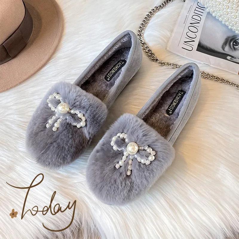 Fashion Thick Sole Round Toe Warm Plus Velvet Cotton Shoes Women Fashion Bow Tie Anti-slip Pearls Loafers Plus Size  Zapatillas 2025