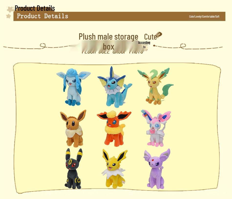 25cm Medium Eevee Plush Doll - 9 Designs with Tag: Fairy, Fire, Water, Ice, Sun, Sitting Open-Mouth