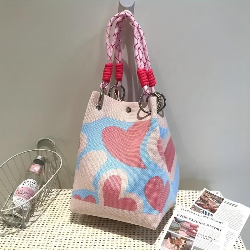 Women's Knit Bucket Bag with Magnetic Closure & Adjustable Rope Handles - Large Capacity Mixed Color Heart Pattern Tote, Durable Polyester Handbag