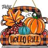 Rustic Pumpkin Welcome Sign Hello Fall Wooden Hanging Sign, Retro Plaid Pickup Truck Ornaments, Wall Pendant Front Door Decor with And Maple Leaf for