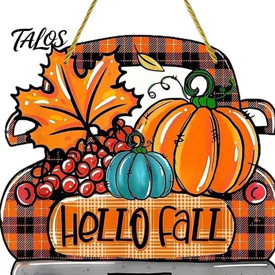 Rustic Pumpkin Welcome Sign Hello Fall Wooden Hanging Sign, Retro Plaid Pickup Truck Ornaments, Wall Pendant Front Door Decor with And Maple Leaf for