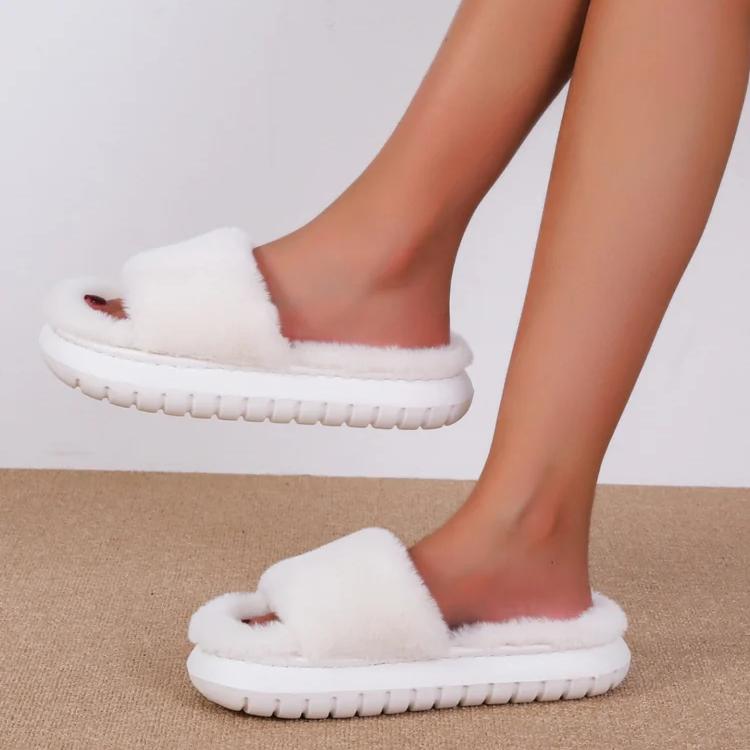 Classic Slippers for Women Casual Flat Low Heels Sweet Basic Shoes for Women Solid Fur Slip On Winter Slides Plus Size