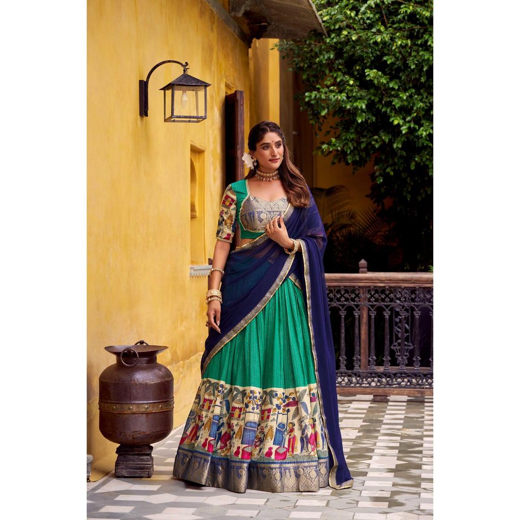 Step into timeless elegance with this Poly Chanderi lehenga, designed with delicate Zari stripes and enhanced