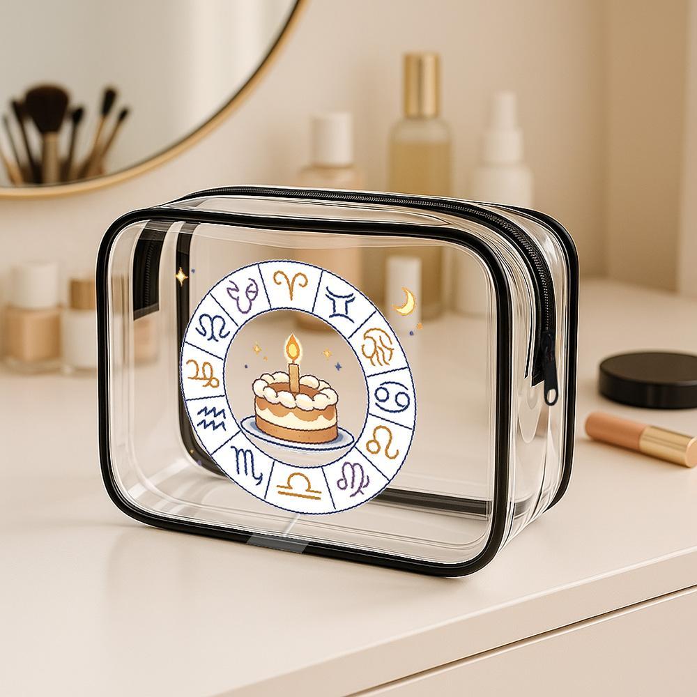 

Toilet Bag Zodiac Wheel and Birthday Cake Clear PVC Cosmetic Bag, Kawaii Cartoon Design Zippered Portable Organizer Pouch
