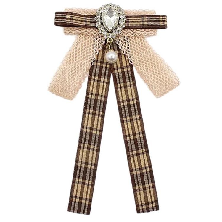 Vintage Brown Plaids Ribbon Pre Tied Bowtie Brooch Pin Women Corsage Shirt Jabot Collar Uniform Bowknot Necktie Clip