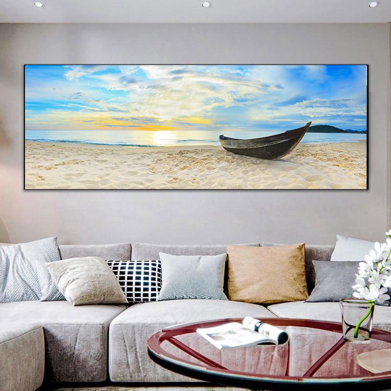 Landscape Sea Beach Sunset Cloud Boat Canvas Painting Nature Posters and Prints Wall Art Pictures Room Home Decor No Frame No Frame