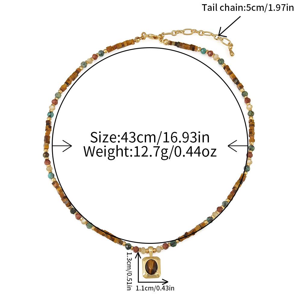 GEMCHIC Women s Vintage Tiger Eye Stone Pendant Necklace, Handmade Geometric Beaded Sweater Chain with Gold Tone Metal
