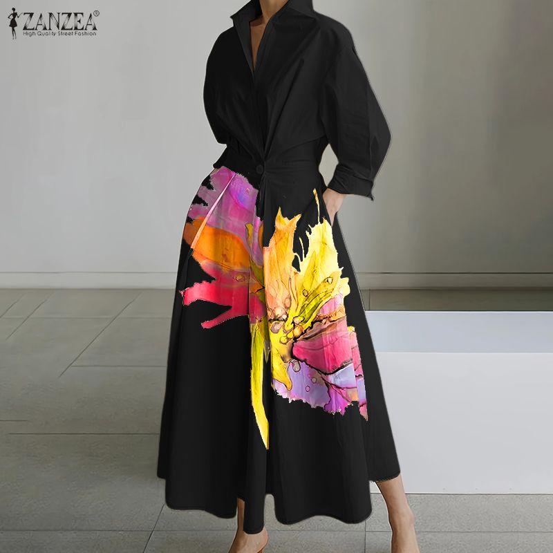 ZANZEA Women Turn Down Collar Loose Casual Long Sleeve Print Shirt Dress