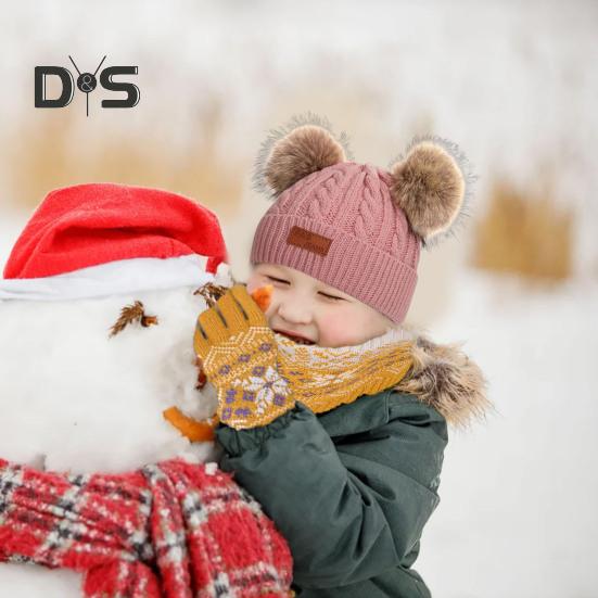 Kids Beanie Fall Winter Knitted Hat with 2 Pompom for Boys Girls 1-4 Years Old Warm Beanie Toddler Hat for Outdoor Activities