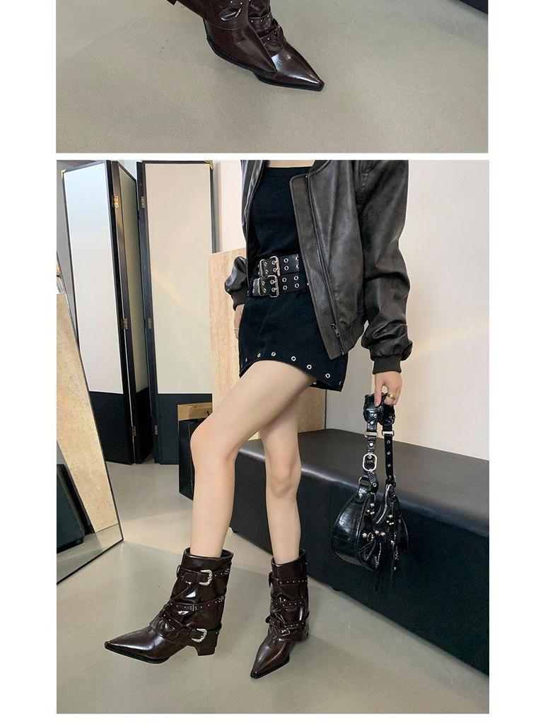 European & American Style Rhinestone Buckle Over-the-Knee High Heel Boots 2025 - Women's Autumn Pointed Toe Chunky Heel Ankle Boots.
