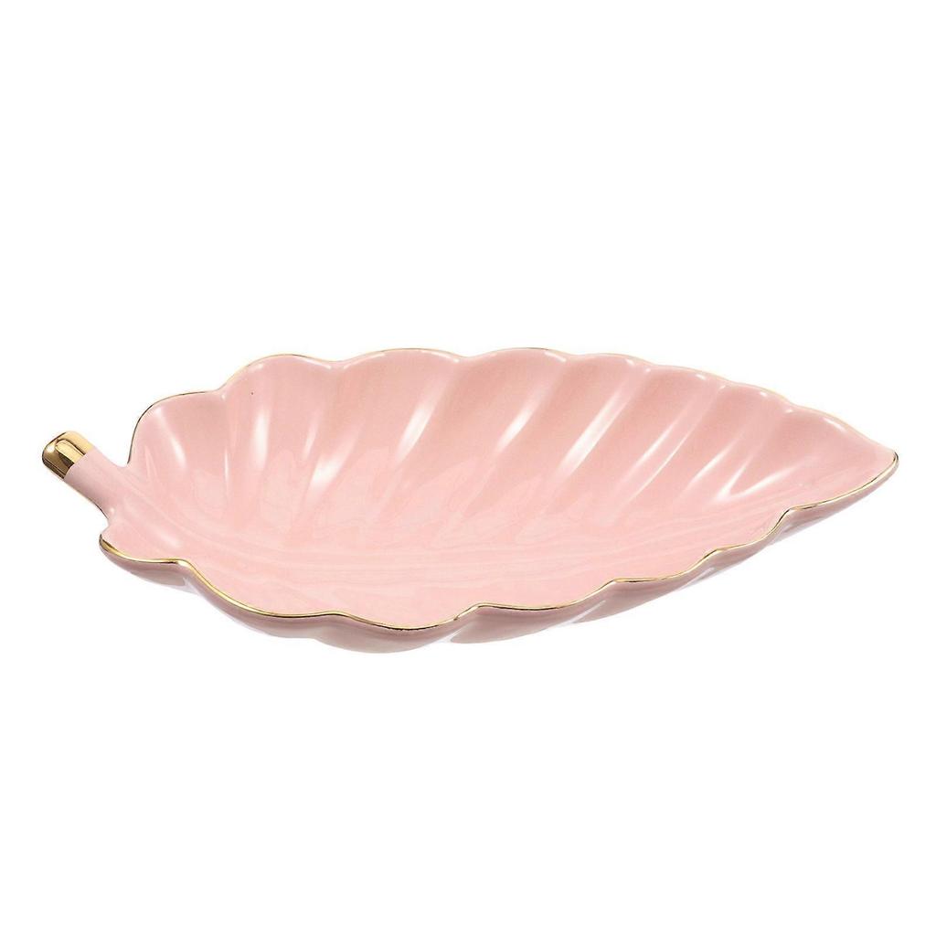 Pink Ceramic Leaf Tray Gold Edge Jewelry Storage Plate for 1 Tray