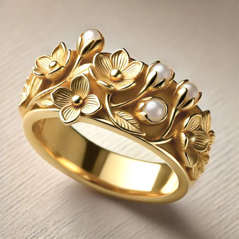 Vintage Floral Flower Pearl Wide Band Ring for Women Carved Sculpture Elegant Wedding Stackable Finger Jewelry Gift