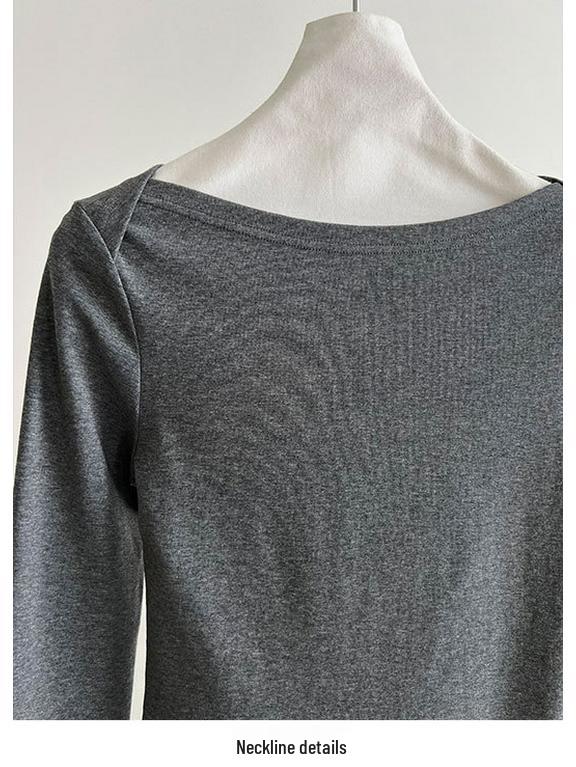 Lu Xi Retro High-Intellect Boat Neck Slim Fit Long Sleeve Top for Women - Autumn Edition