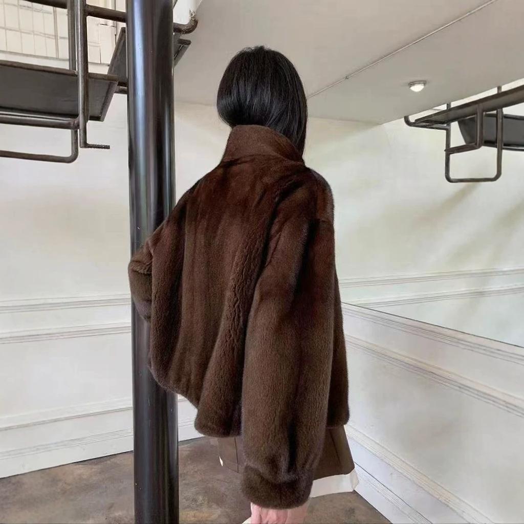 Gold mink imitation fur jacket loose stand-up collar women's wool sweater short warm spring autumn and winter three-season coat