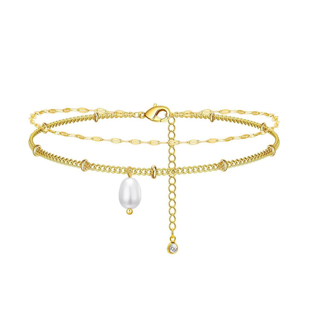 Ankle Bracelets for Women Girls 14K Gold Silver Plated Waterproof Boho Pearl Charm Beaded Foot Chain Dainty Summer Beach Jewelry