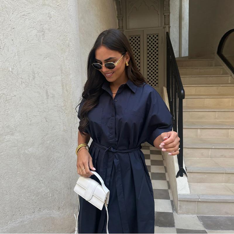 Casual Women's Lace Up Dress Single-Breasted Turn-Down Collar Short Sleeve Lady Dresses Loose Female Robe