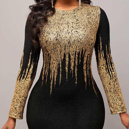 Autumn Winter Women Bodycon Dress Hot Stamping Print Crew Neck Elegant Slim
