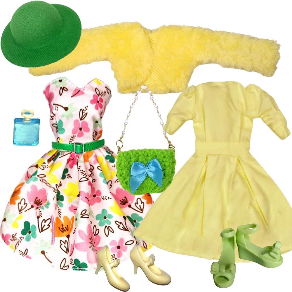 Elegantes Puppenoutfit für 1/6 Puppe Modepuppe Rosa Hahnentritt-Kleid Hut Goldener Gürtel Handtasche mit Schuhen Set