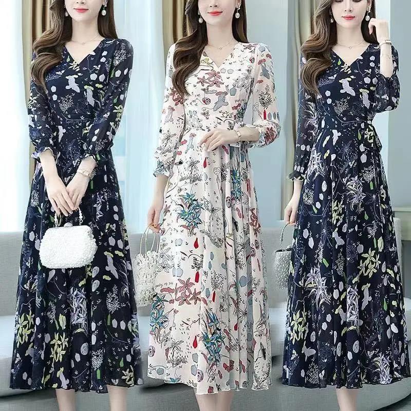 Elegant Floral Print Chiffon Dress Women's Spring Summer French Style V-neck Knee-length Fashionable Empire Waist Dresses