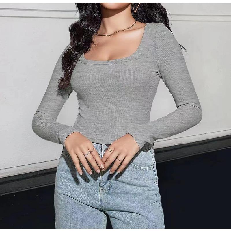 Womens Square Neck Ribbed Knit Long Sleeve Crop Top Casual Solid Color Fitted Blouse