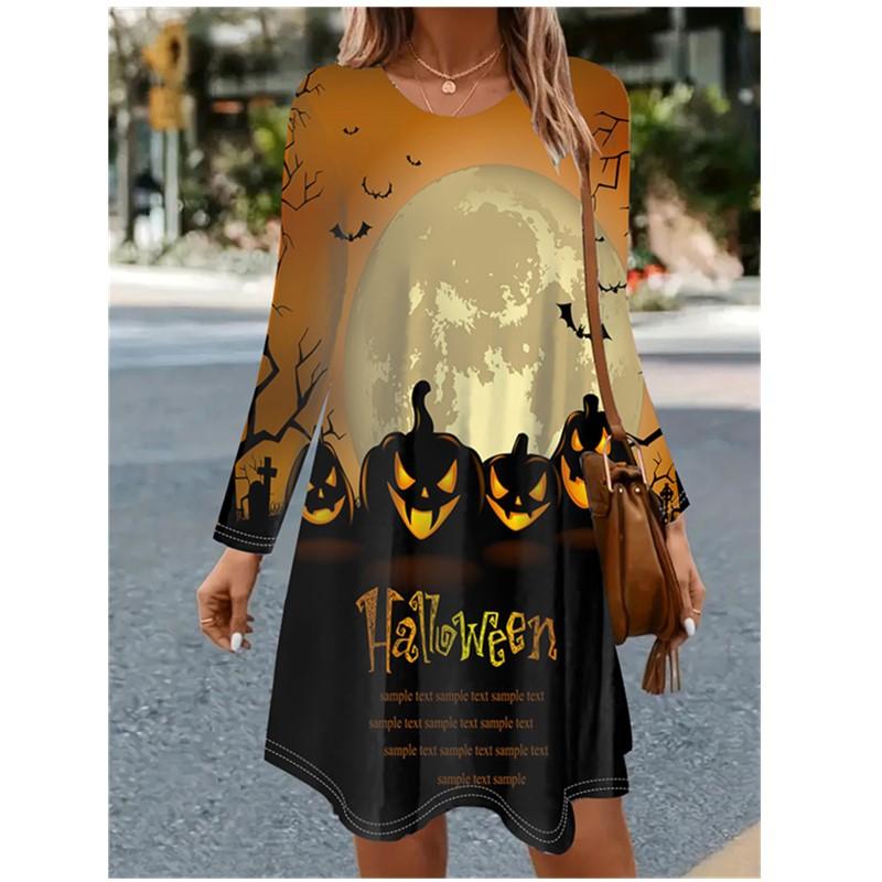 Women's Halloween Party Dress 3D Horror Halloween Pumpkin Bat Witch Printed Dress Long Sleeve O-Neck Casual Loose Dress