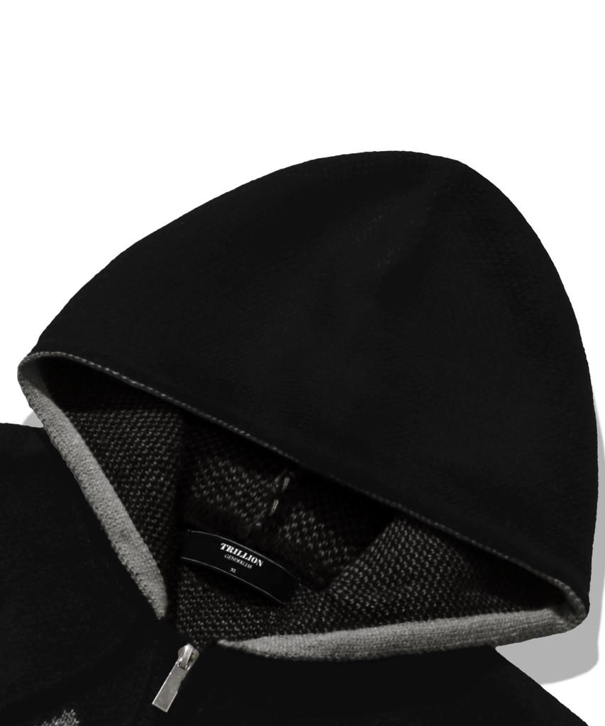 TRILLION Washable Nordic Jacquard 2-Way Hooded Zip-Up Knit [Black]