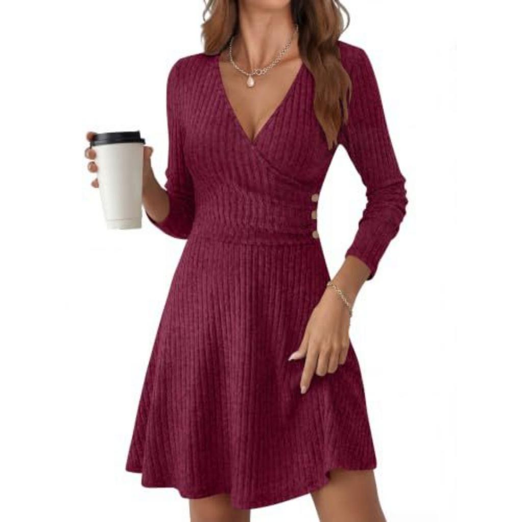 Women's V-Neck Long Sleeve Sweater Dress Casual Knit Pullover for Fall and Winter